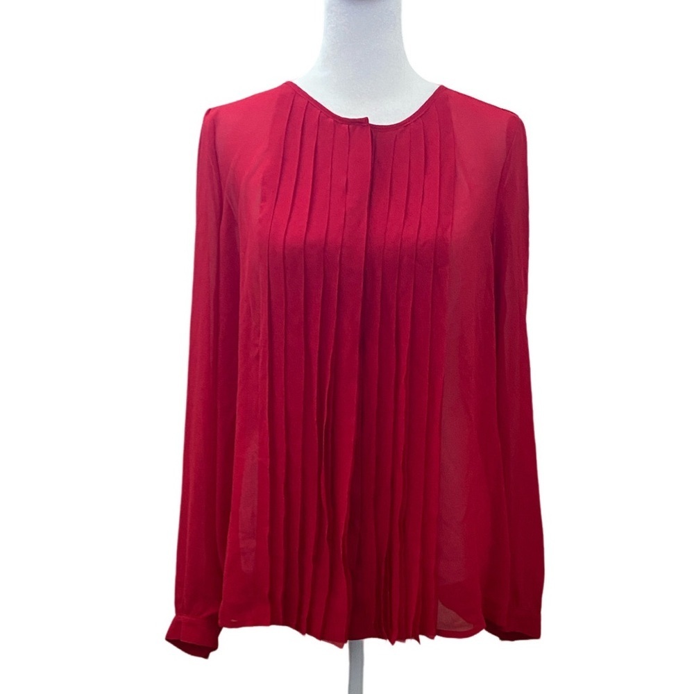 LOFT Red Pleated Women's Semi-Sheer Long Sleeve Blouse. Button up. Size M.